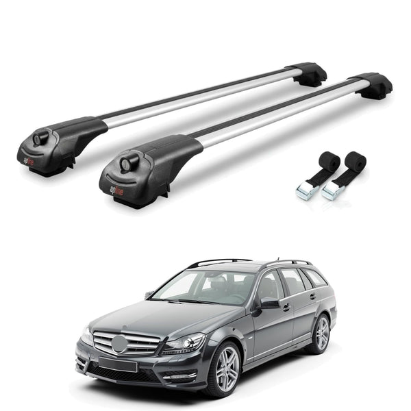 AUTOAXORY Roof Rack Cross Bars Compatible with Mercedes C Class 3 (S204) 2008-2014, Aluminium, Fit Raised Rail, 2 Bars with Two Tie Down Straps.