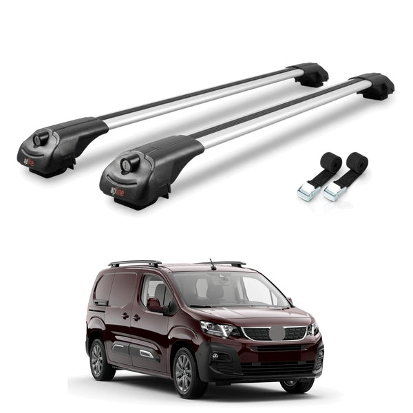 AUTOAXORY Roof Rack Cross Bars Compatible with Peugeot Partner 3 2019-2022, Aluminium, Fit Raised Rail, 2 Bars with Two Tie Down Straps.