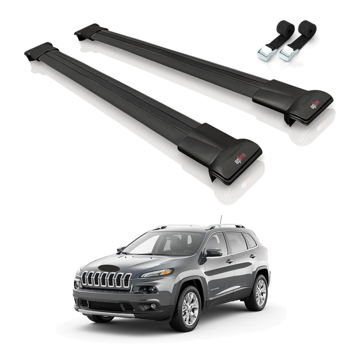 AUTOAXORY Roof Rack Cross Bars Compatible with Jeep Cherokee 5 (KL) 2014-2023, For Raised Roof Rails, Black, 2 Bars with Two Tie Down Straps
