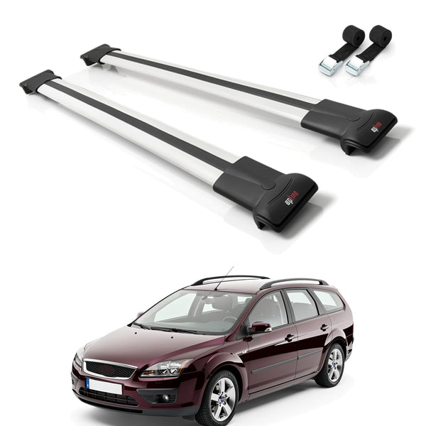 AUTOAXORY Roof Rack Cross Bars Compatible with Ford Focus 2 (C307) SW 2005-2010, For Raised Roof Rails, 2 Bars with Two Tie Down Straps