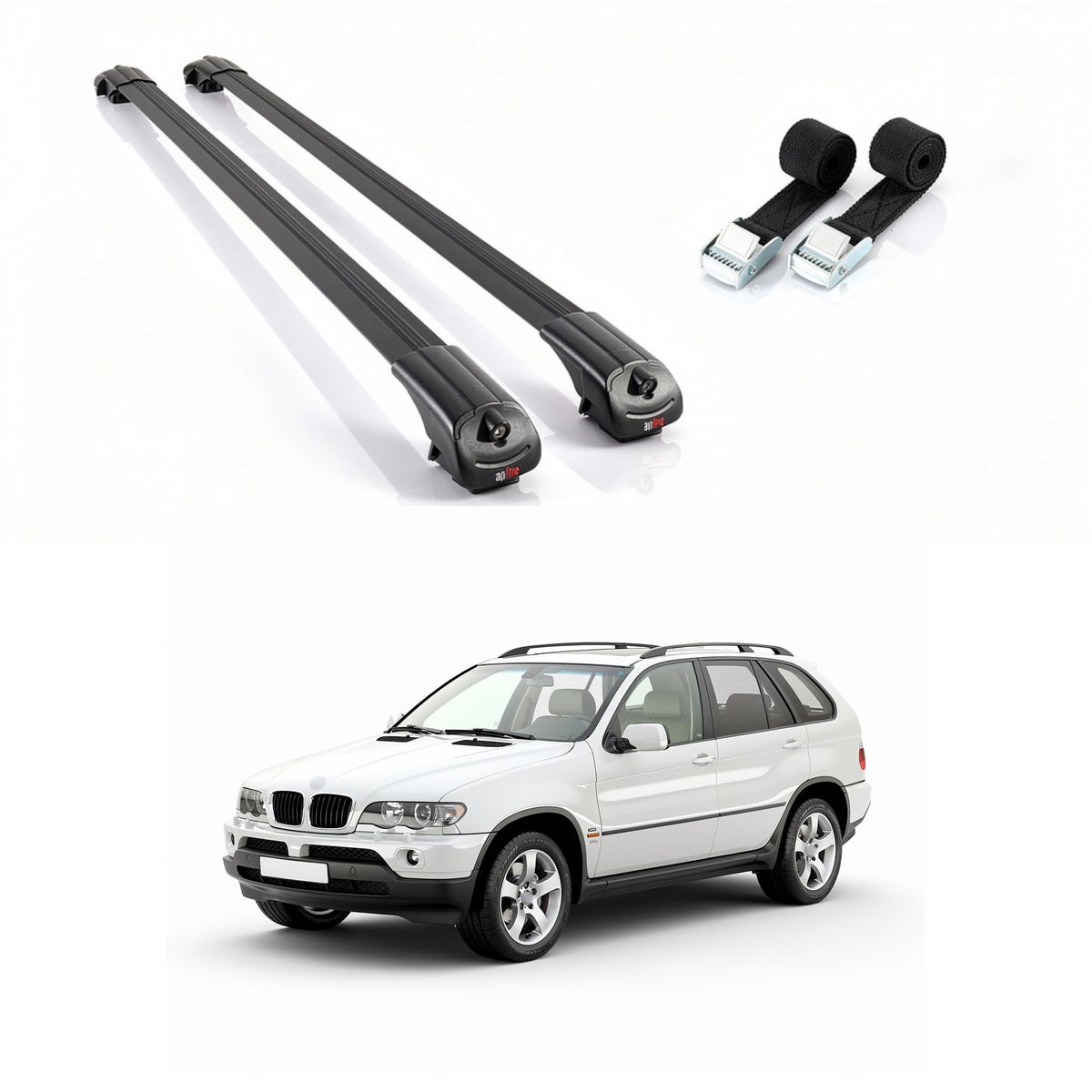 AUTOAXORY Roof Rack Cross Bars for BMW X5 (E53) 2000-2006, Black Aluminium, Fit Raised Rail, 2 Bars with Two Tie Down Straps
