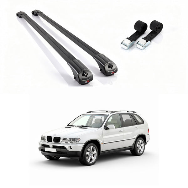 AUTOAXORY Roof Rack Cross Bars for BMW X5 (E53) 2000-2006, Black Aluminium, Fit Raised Rail, 2 Bars with Two Tie Down Straps