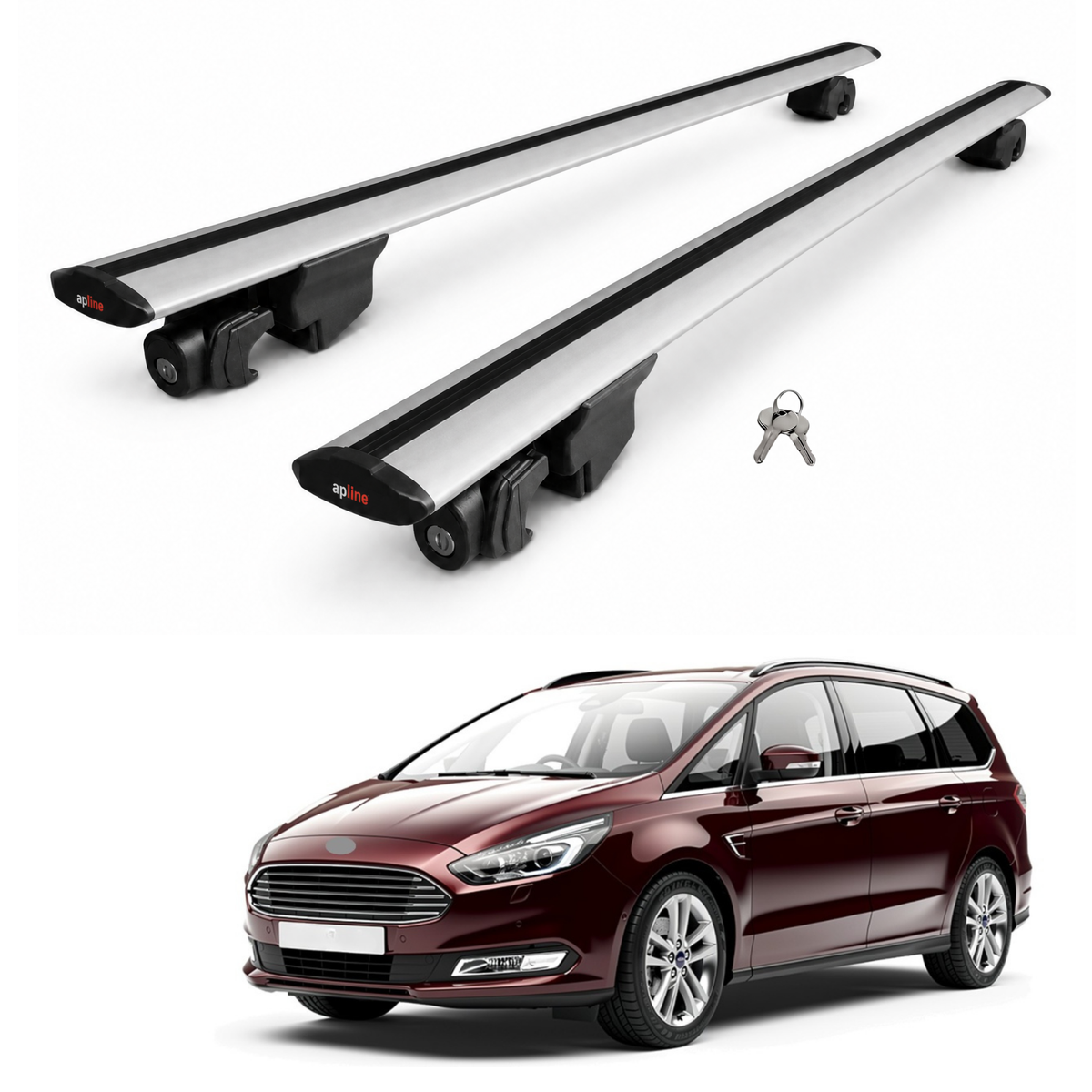 AUTOAXORY Roof Rack Bars Compatible with Ford Galaxy 2 (CD390) 2015-2022, Flush Rail Fit, Lockable Aluminium Cross Bars, Silver, 2 Bars