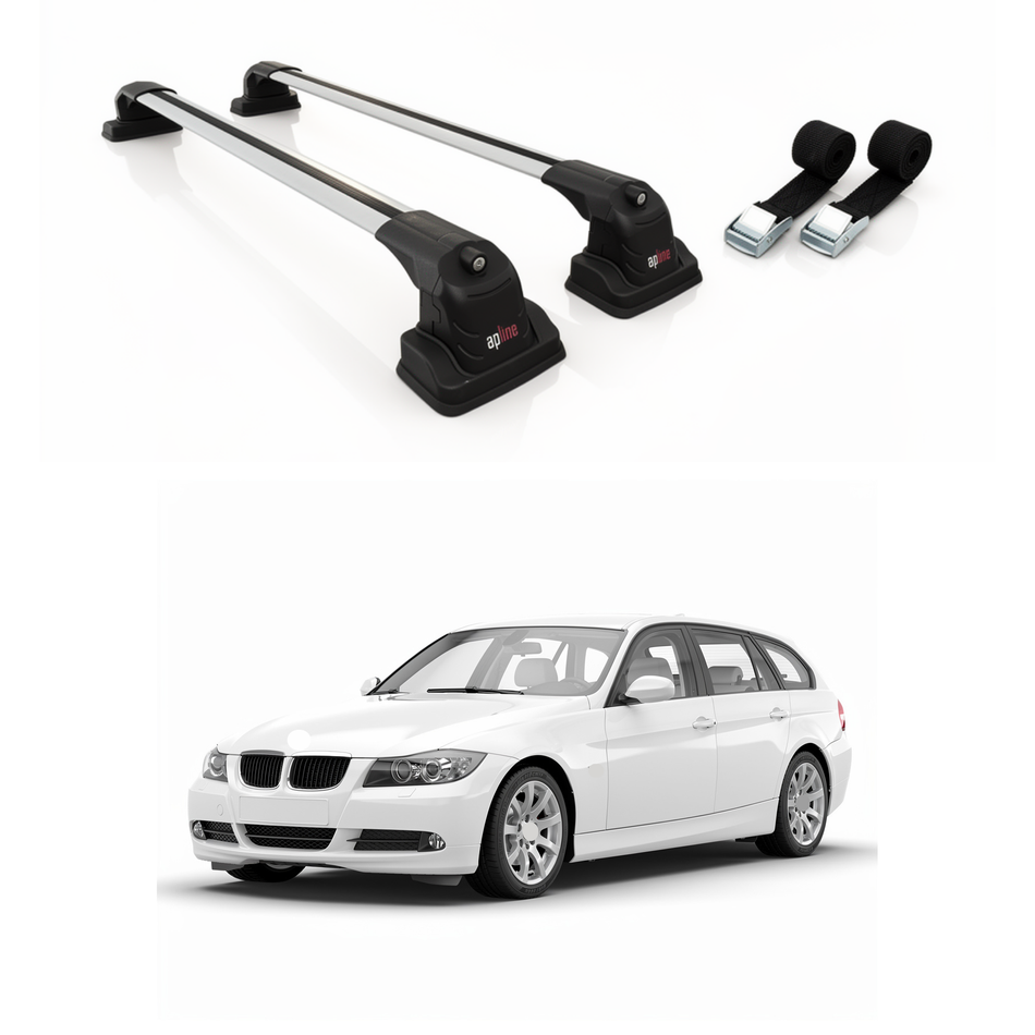 Roof Rack Cross Bars Compatible with BMW 3 Series Touring (E91) 2006-2012, For Factory Fix-Points, Grey, 2 Bars with Two Tie Down Straps