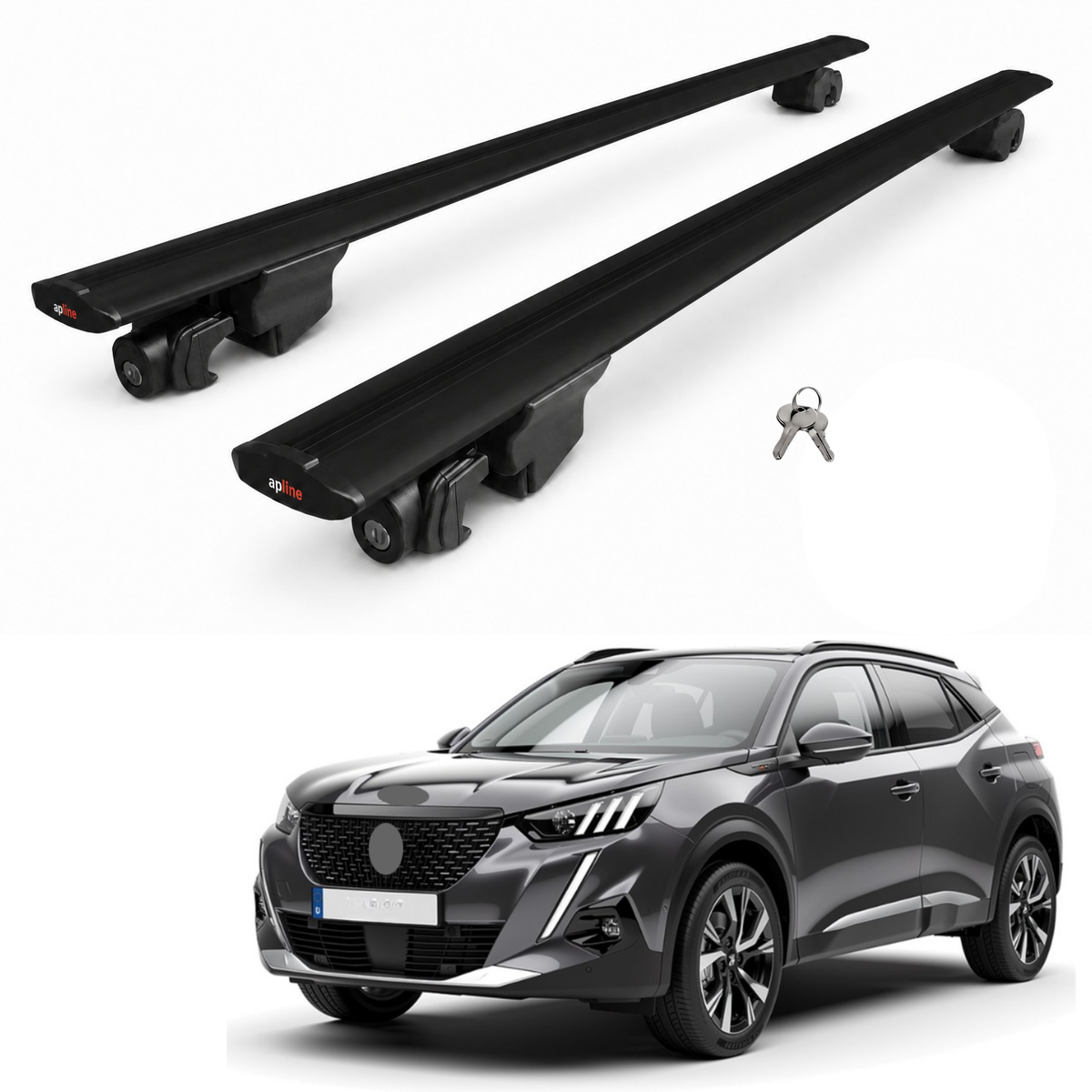 AUTOAXORY Roof Rack Bars Compatible with Peugeot 2008 II (P24) 2020-2025, Flush Rail Fit, Lockable Aluminium Cross Bars, Black, 2 Bars