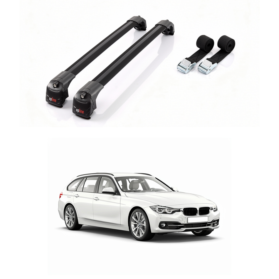Roof Rack Cross Bars for BMW 3 Series (F31) Touring 2012-2019, Black Aluminium, Fit Flush Roof Rail, 2 Bars with Two Tie Down Straps
