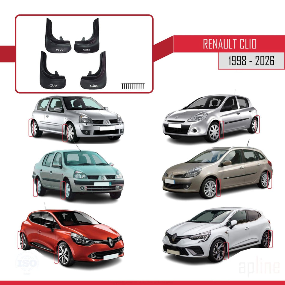 Renault Clio 1998-2026 Mudguards Vehicle Front Rear Set 4 Pcs Black