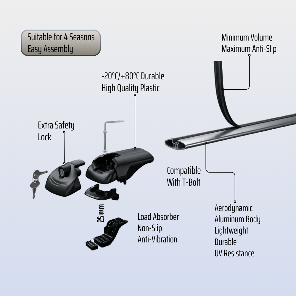 Roof Bars Compatible with Kia Carnival 2 (VQ) 2006-2014, Grey, 2 Bars with Straps.