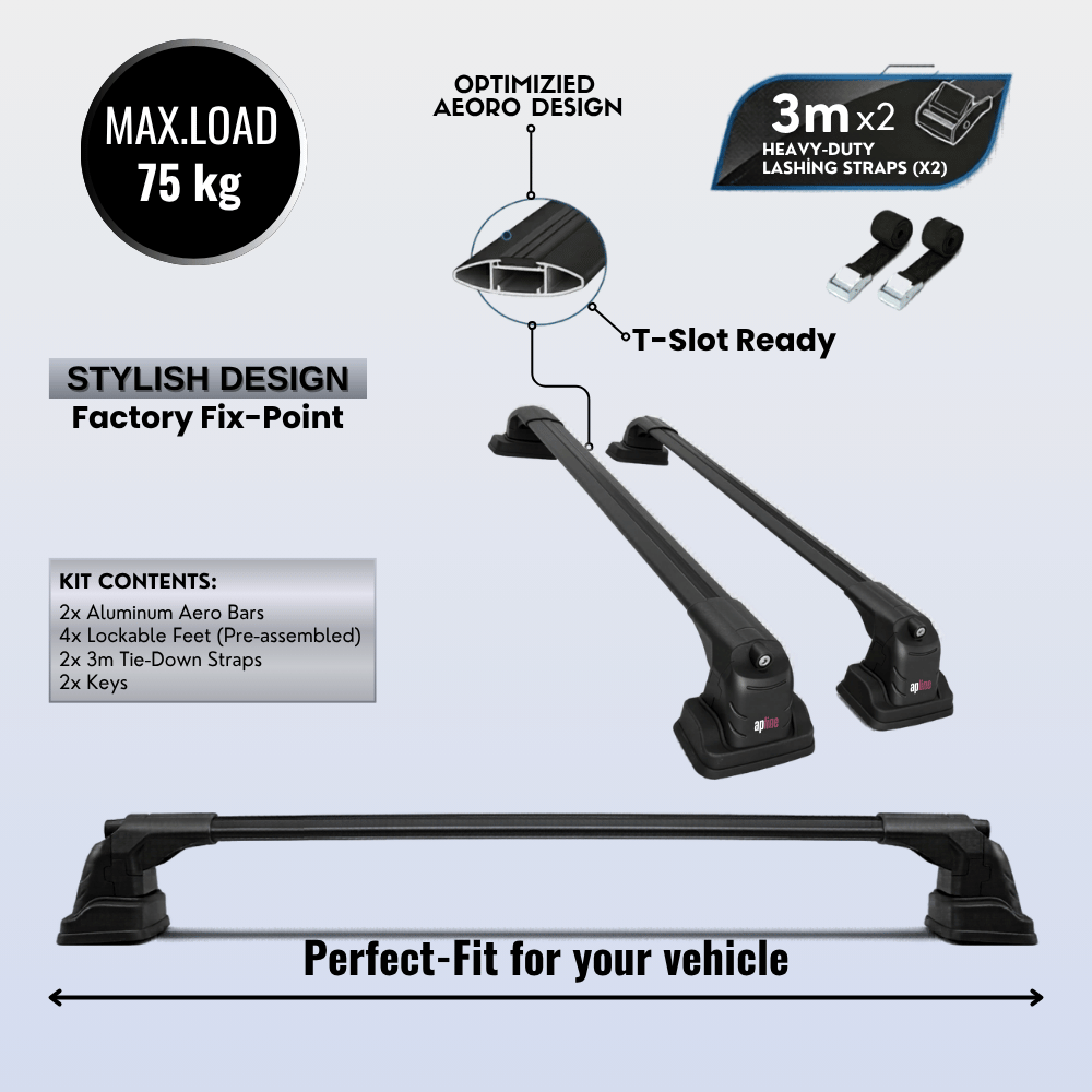 Roof Bars Compatible with Volkswagen Caravelle (T6) 2016-2022, Black, 2 Bars with Straps