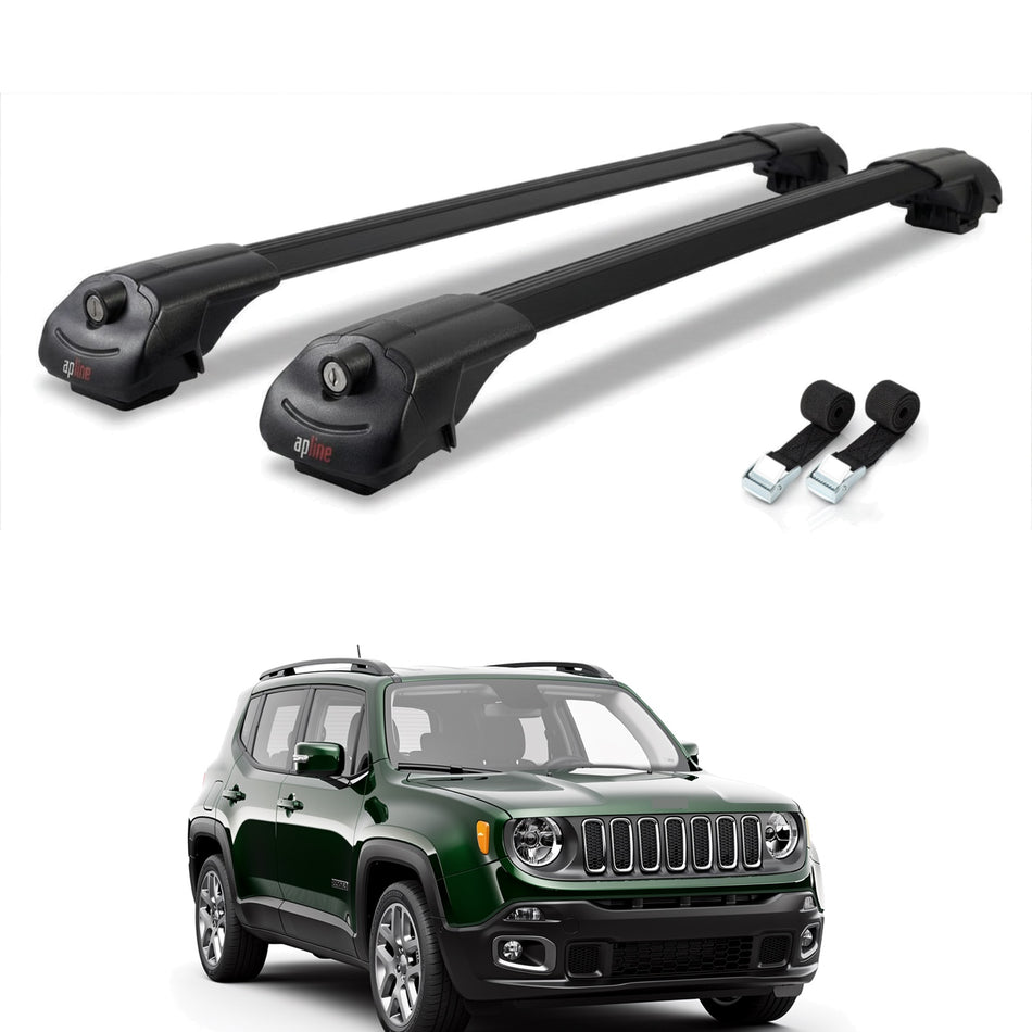 Roof Bars Compatible with Jeep Renegade (BU) 2014-2025, Black, 2 Bars with Straps