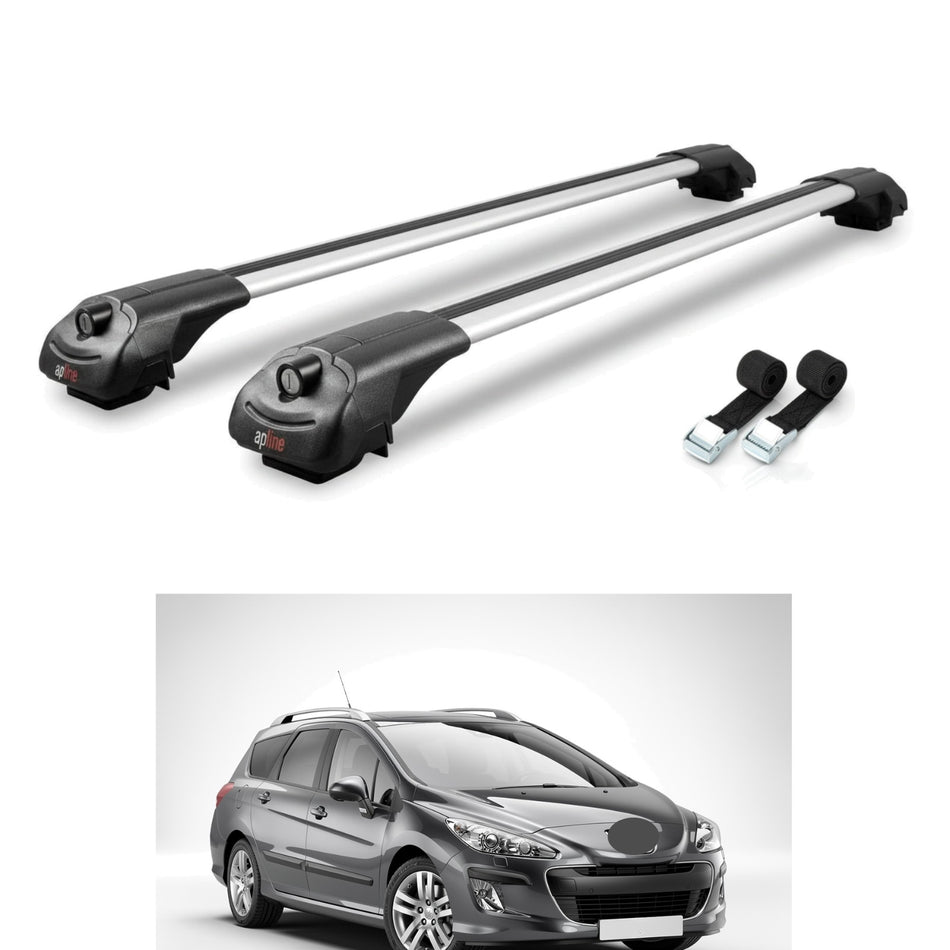 Roof Bars Compatible with Peugeot 308 (T7) SW 2008-2013, Grey, 2 Bars with Straps.