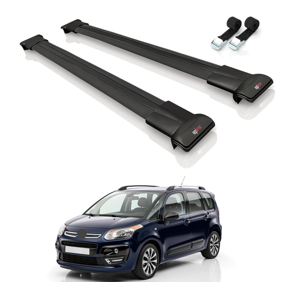 Roof Bars Compatible with Citroen C3 Picasso 2009-2017, Black, 2 Bars with Straps