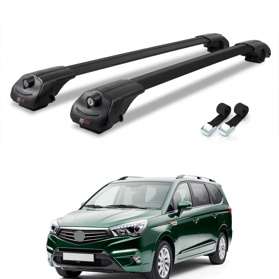 Roof Bars Compatible with Ssangyong Turismo 2012-2019, Black, 2 Bars with Straps