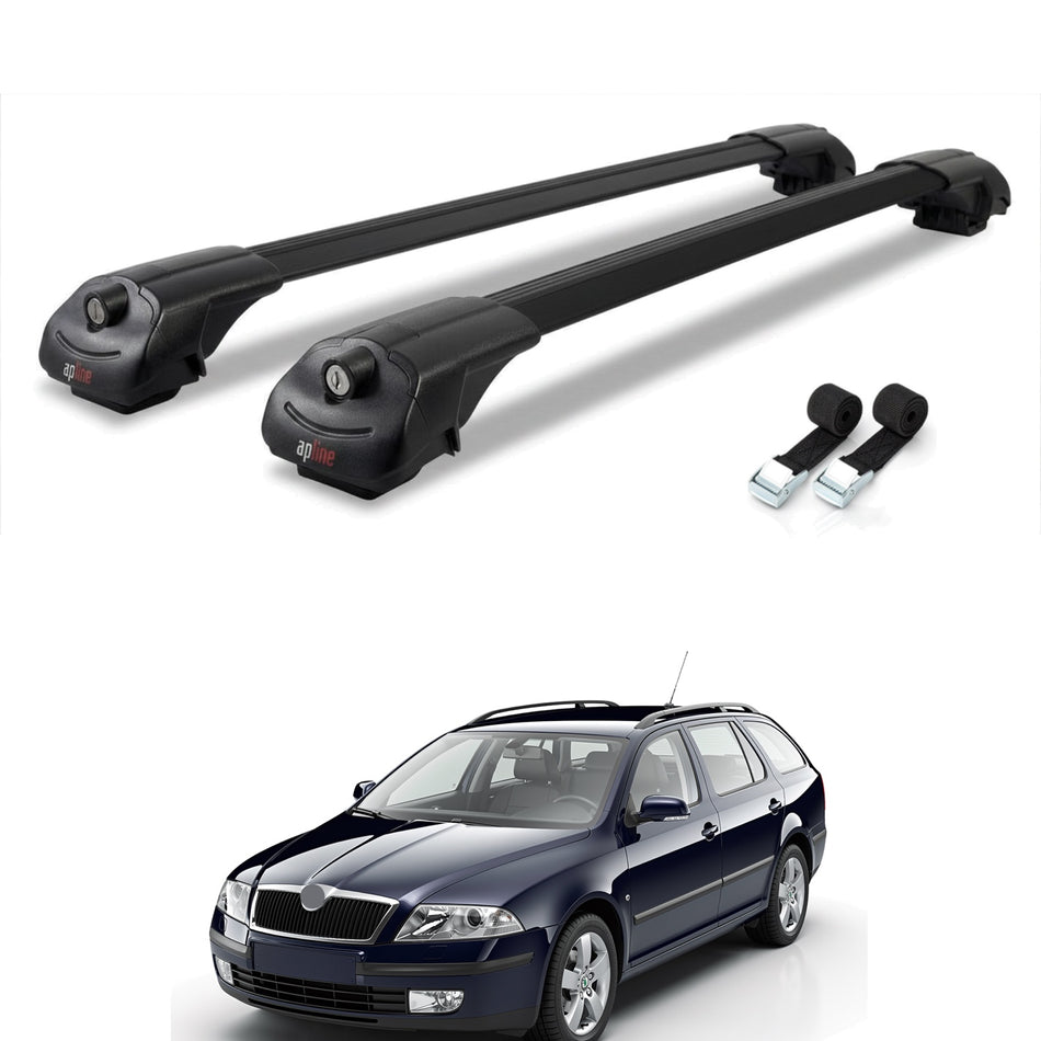 Roof Bars Compatible with Skoda Octavia 2 (1Z) 2004-2013, Black, 2 Bars with Straps