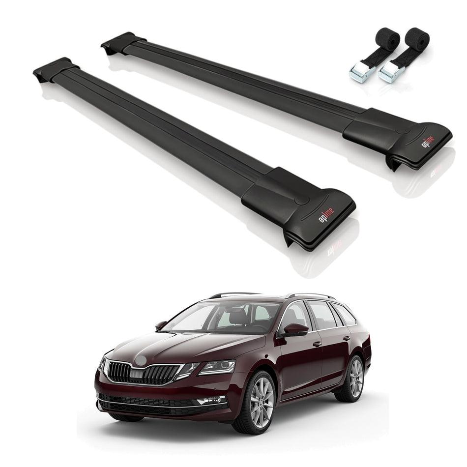Roof Bars Compatible with Skoda Octavia 3 (5E) SW Post-Facelift 2017-2020, Black, 2 Bars with Straps