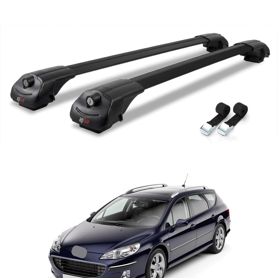 Roof Bars Compatible with Peugeot 407 SW 2005-2011, Black, 2 Bars with Straps