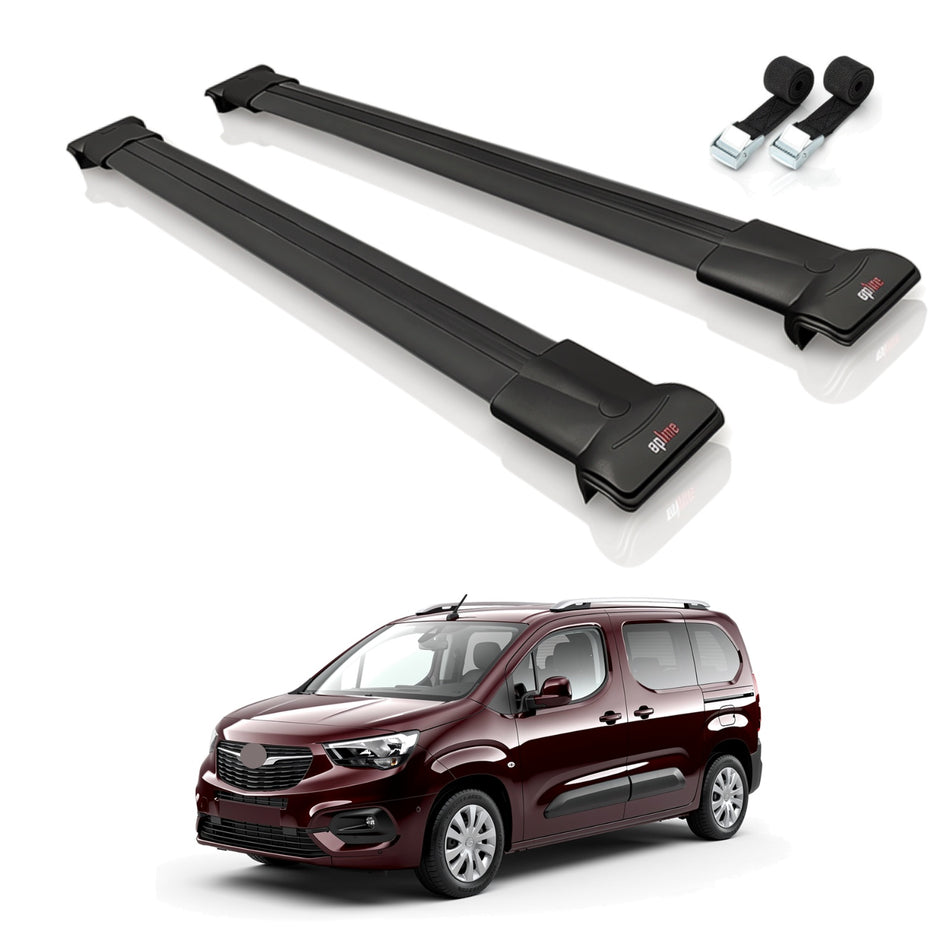 Roof Bars Compatible with Opel Combo E 2019-2022, Black, 2 Bars with Straps