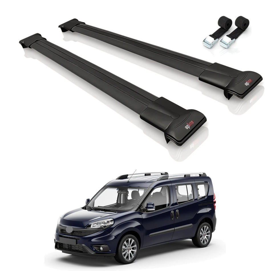 Roof Bars Compatible with Fiat Doblo 3 2023-2025, Black, 2 Bars with Straps