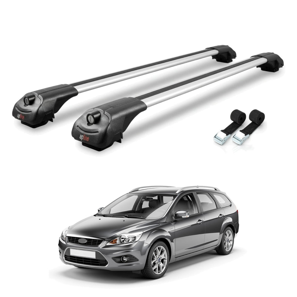 Roof Bars Compatible with Ford Focus 2 (C307) Turnier Post-Facelift 2008-2010, Grey, 2 Bars with Straps.