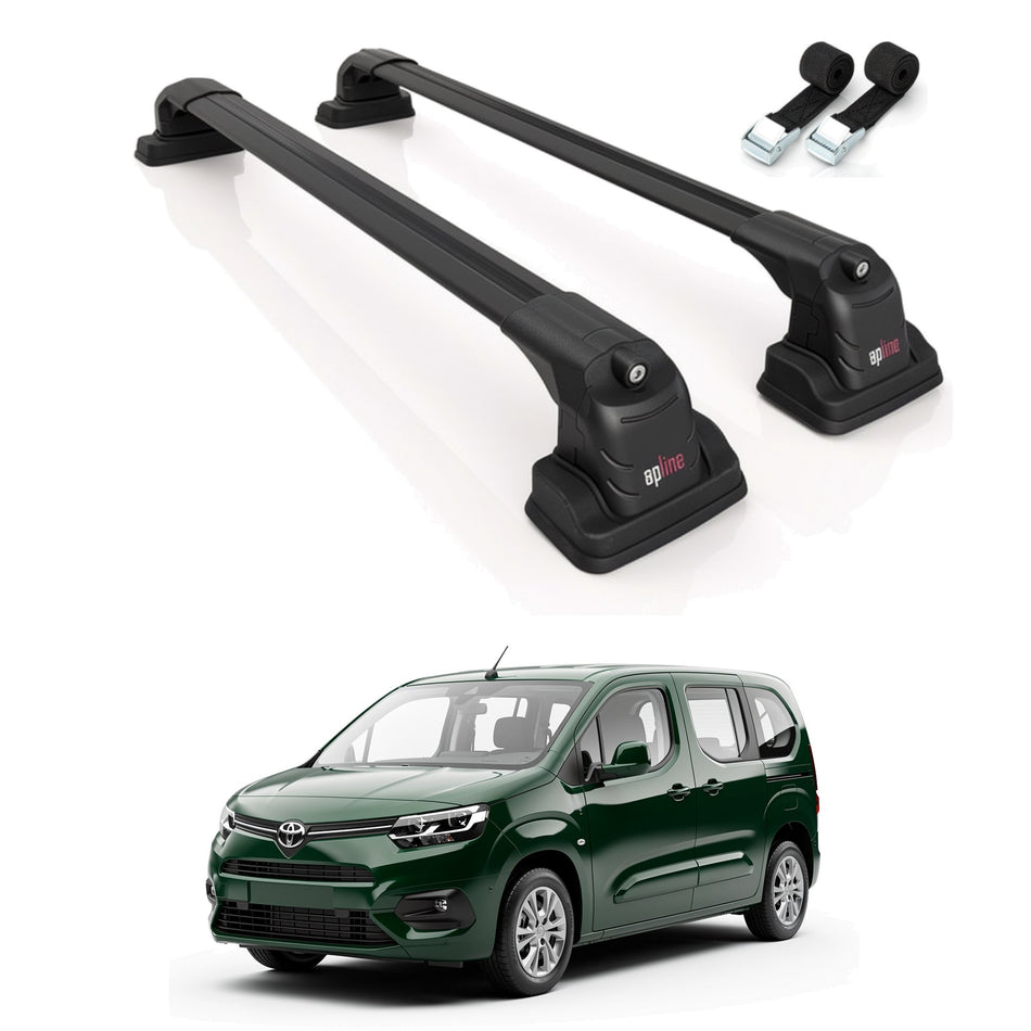 Roof Bars Compatible with Toyota Proace City 2019-2025, Black, 2 Bars with Straps
