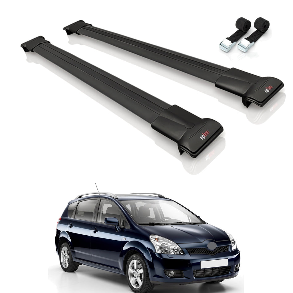 Roof Bars Compatible with Toyota Corolla Verso 2 (AR10) 2004-2010, Black, 2 Bars with Straps