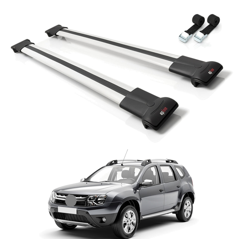 Roof Bars Compatible with Renault Duster (HS) Post-Facelift 2014-2017, Grey, 2 Bars with Straps