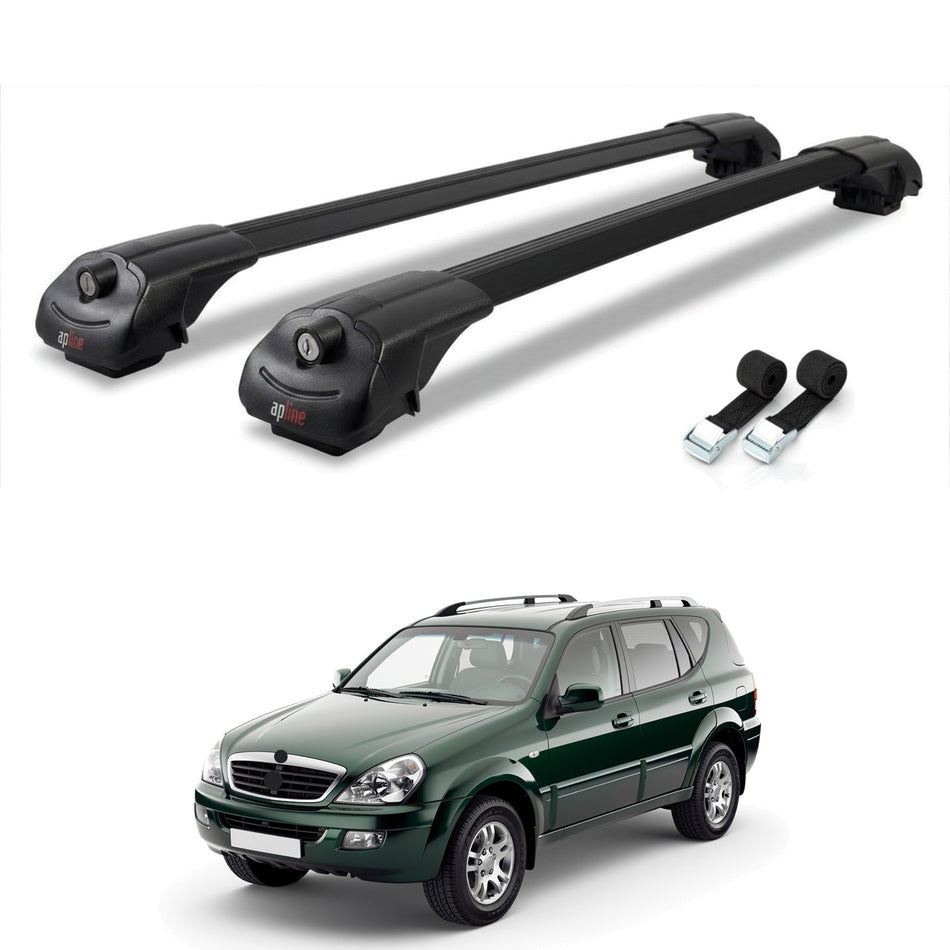 Roof Bars Compatible with Ssangyong Rexton (Y200) 2001-2005, Black, 2 Bars with Straps