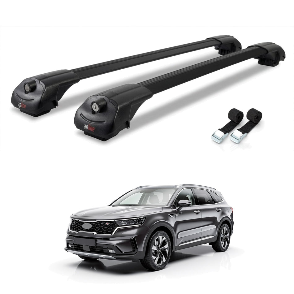 Roof Bars Compatible with Kia Sorento 4 (MQ4) X-Line 2021-2025, Black, 2 Bars with Straps
