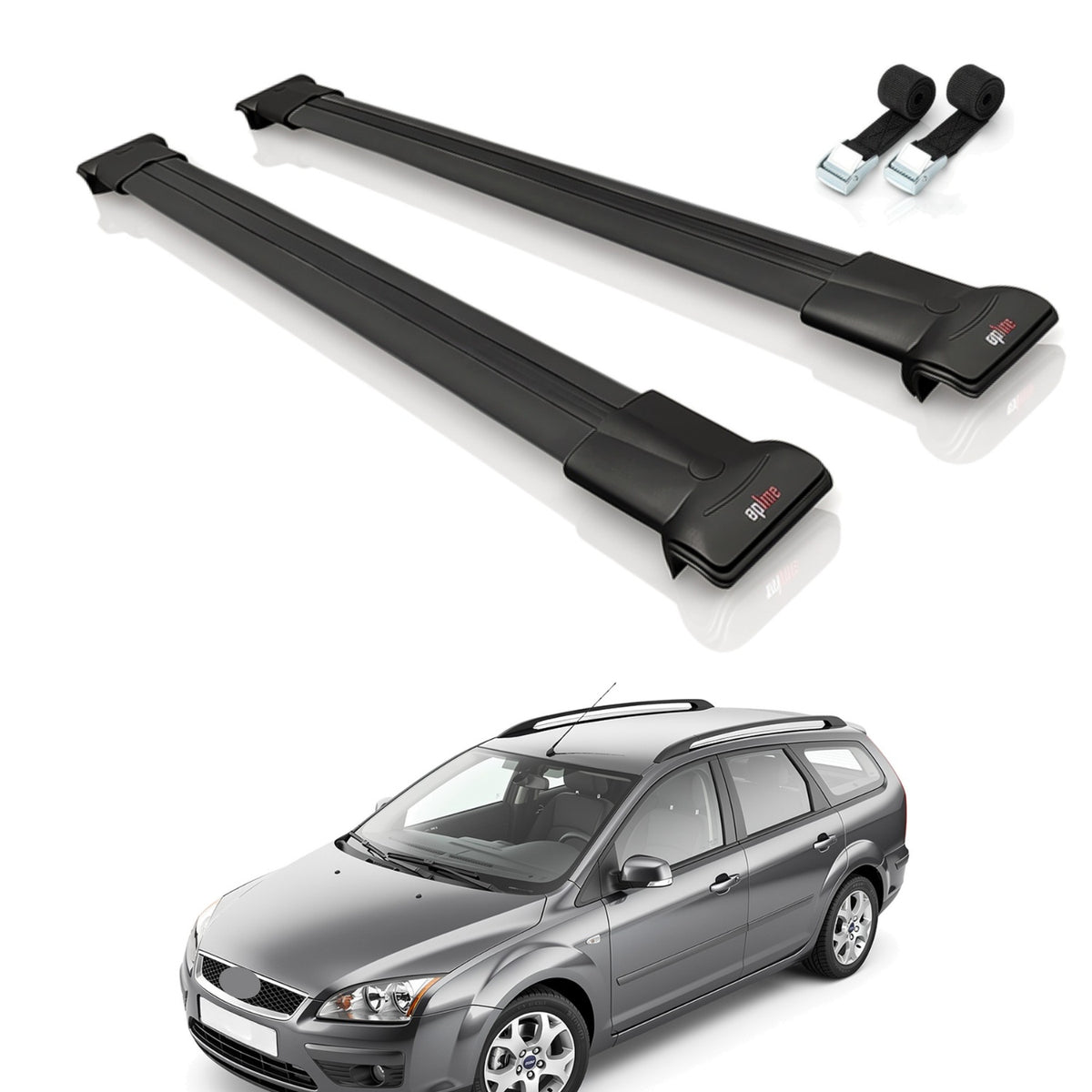 Roof Bars Compatible with Ford Focus 2 (C307) SW 2005-2010, Black, 2 Bars with Straps