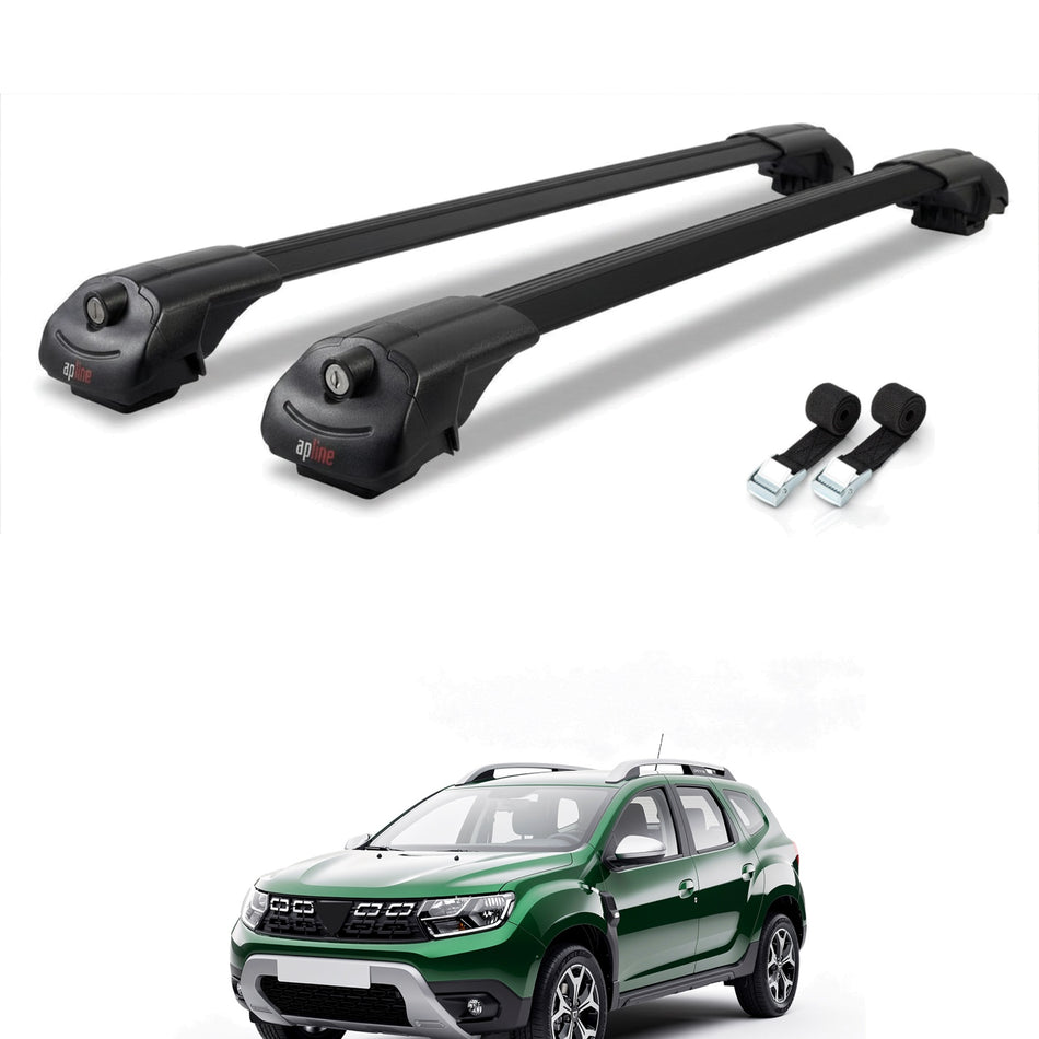 Roof Bars Compatible with Dacia Duster 2 (HM) 2018-2024, Black, 2 Bars with Straps
