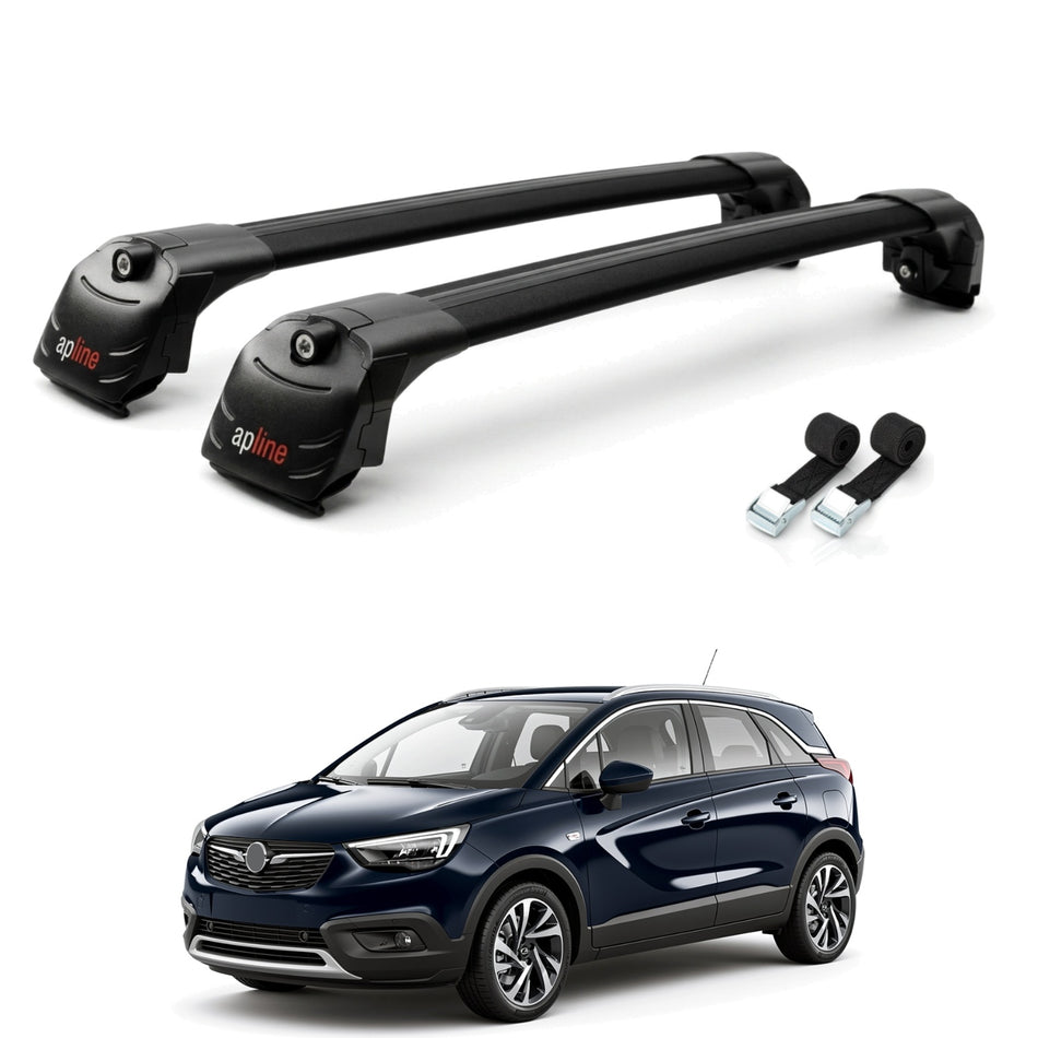 Roof Bars Compatible with Opel Crossland 2020-2024, Black, 2 Bars with Straps