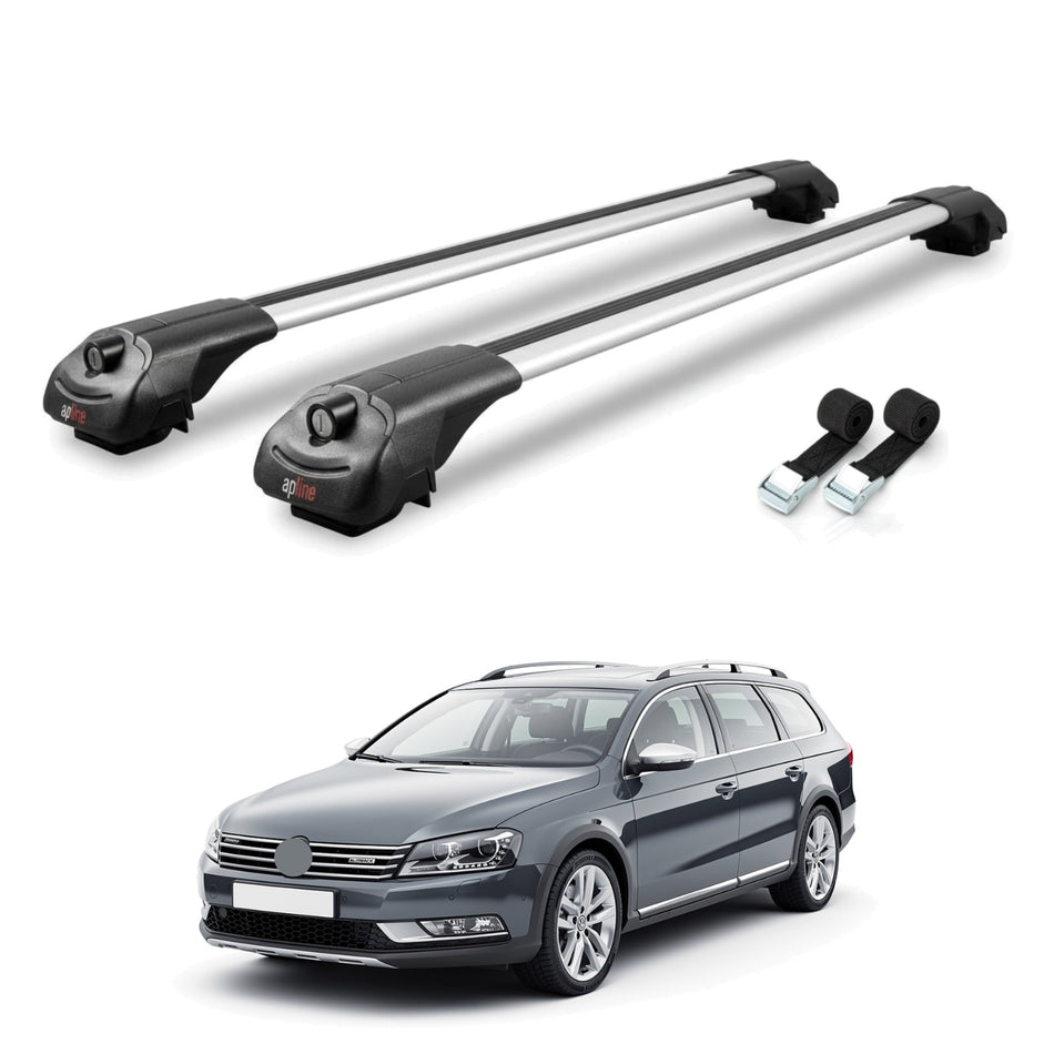 Roof Bars Compatible with Volkswagen Passat B7 (3C) Alltrack 2012-2014, Grey, 2 Bars with Straps.