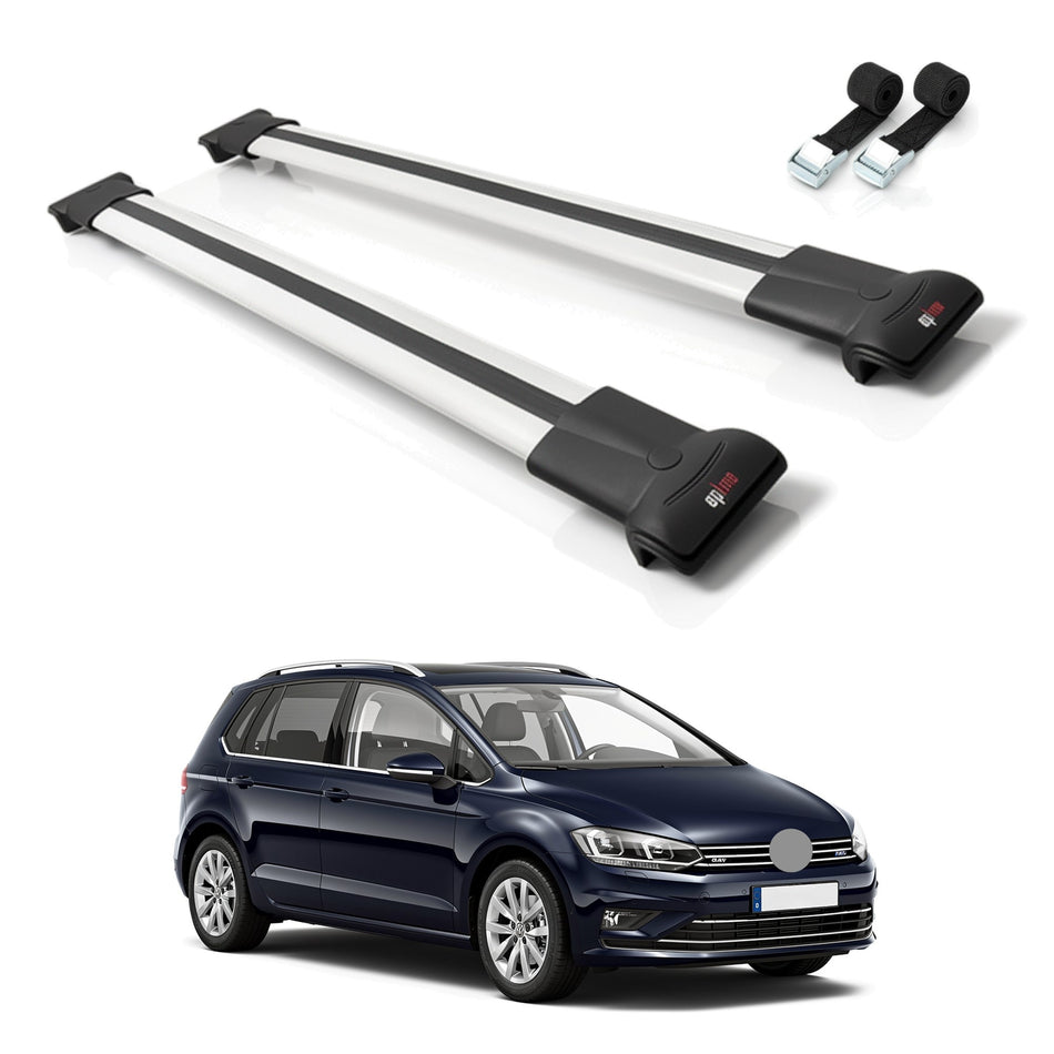 Roof Bars Compatible with Volkswagen Golf Sportvan 2014-2017, Grey, 2 Bars with Straps