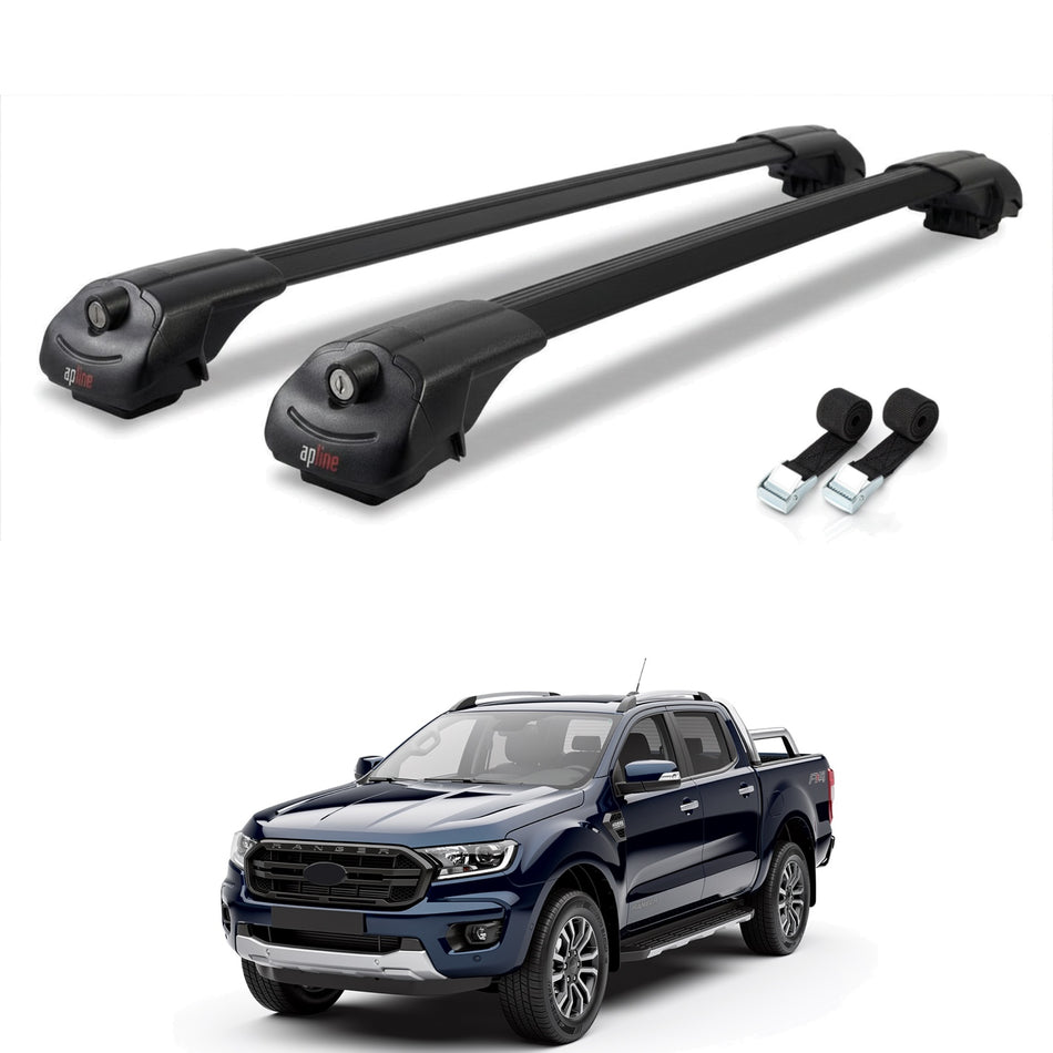Roof Bars Compatible with Ford Ranger (P703) 2022-2024, Black, 2 Bars with Straps