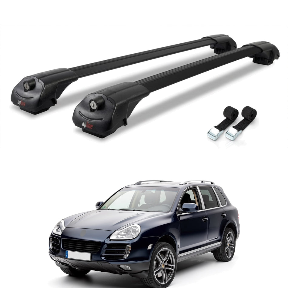 Roof Bars Compatible with Porsche Cayenne (9PA) 2003-2010, Black, 2 Bars with Straps