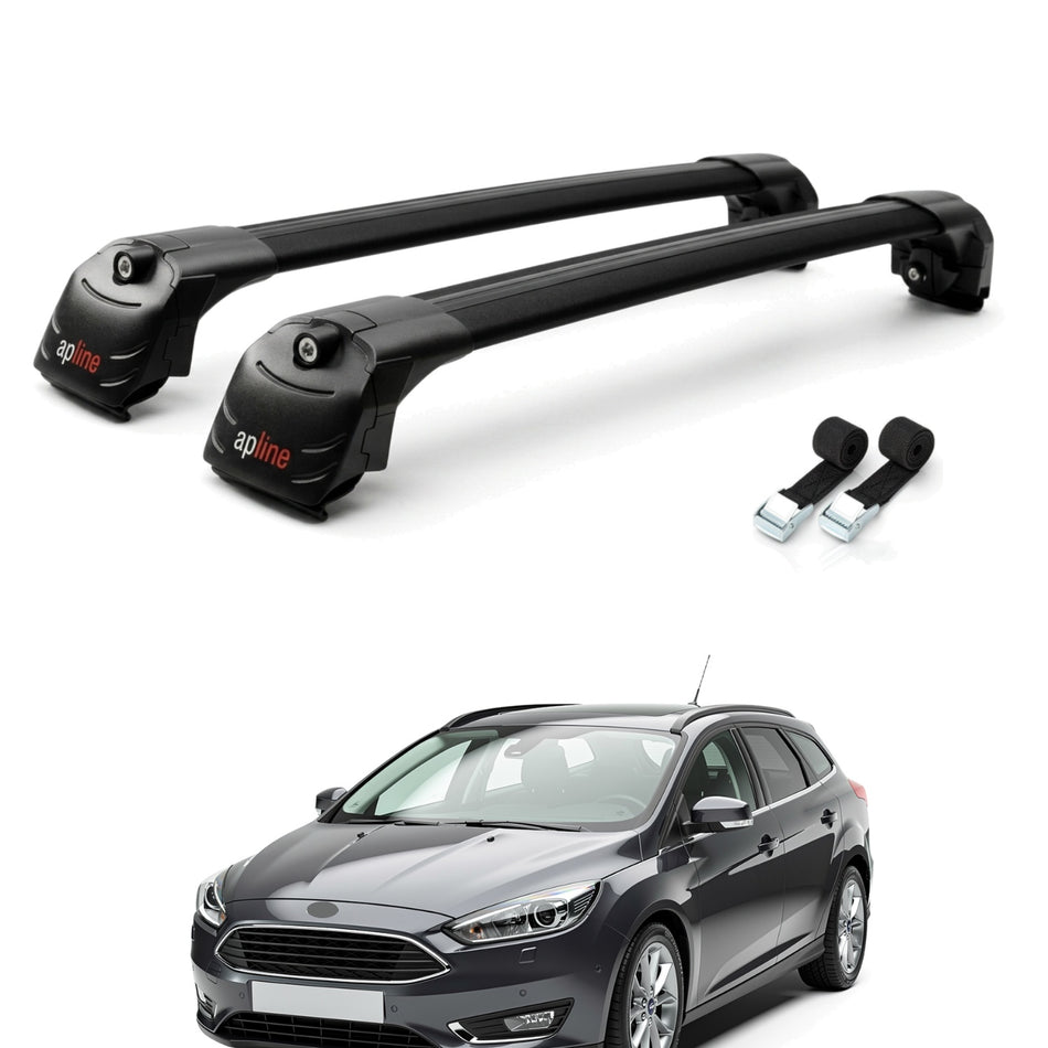 Roof Bars Compatible with Ford Focus 3 (C346) SW 2011-2018, Black, 2 Bars with Straps