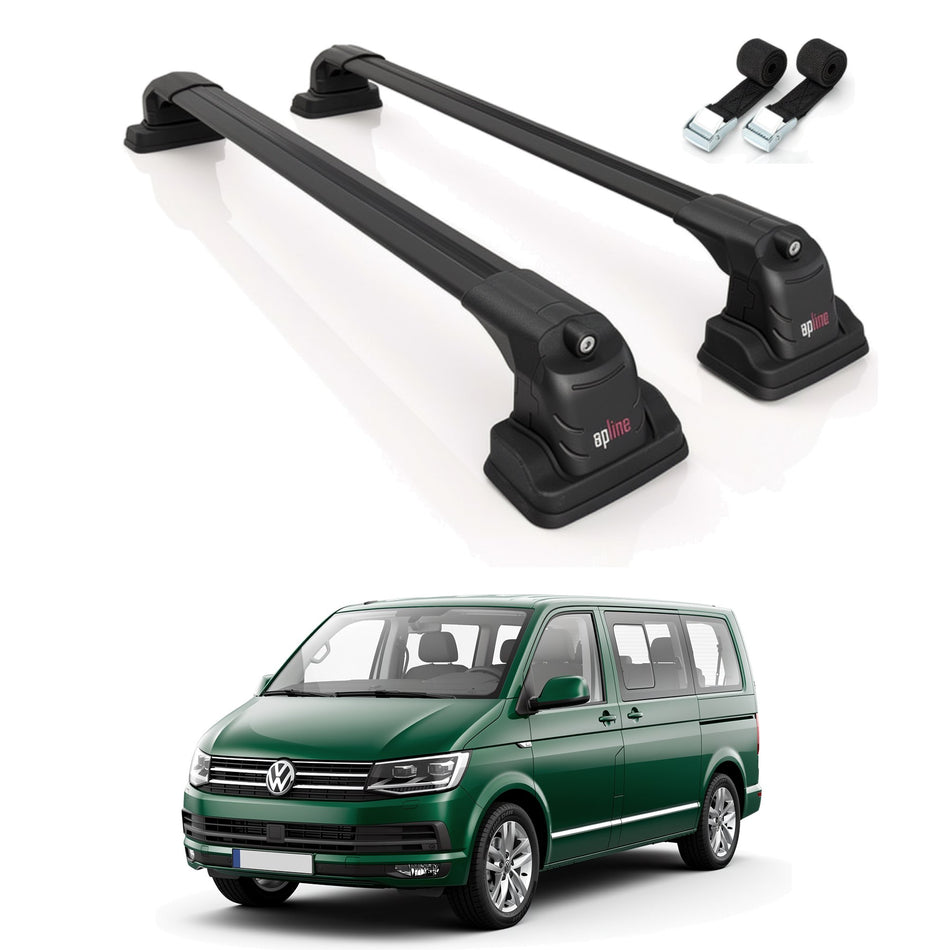 Roof Bars Compatible with Volkswagen Multivan (T6) 2016-2022, Black, 2 Bars with Straps
