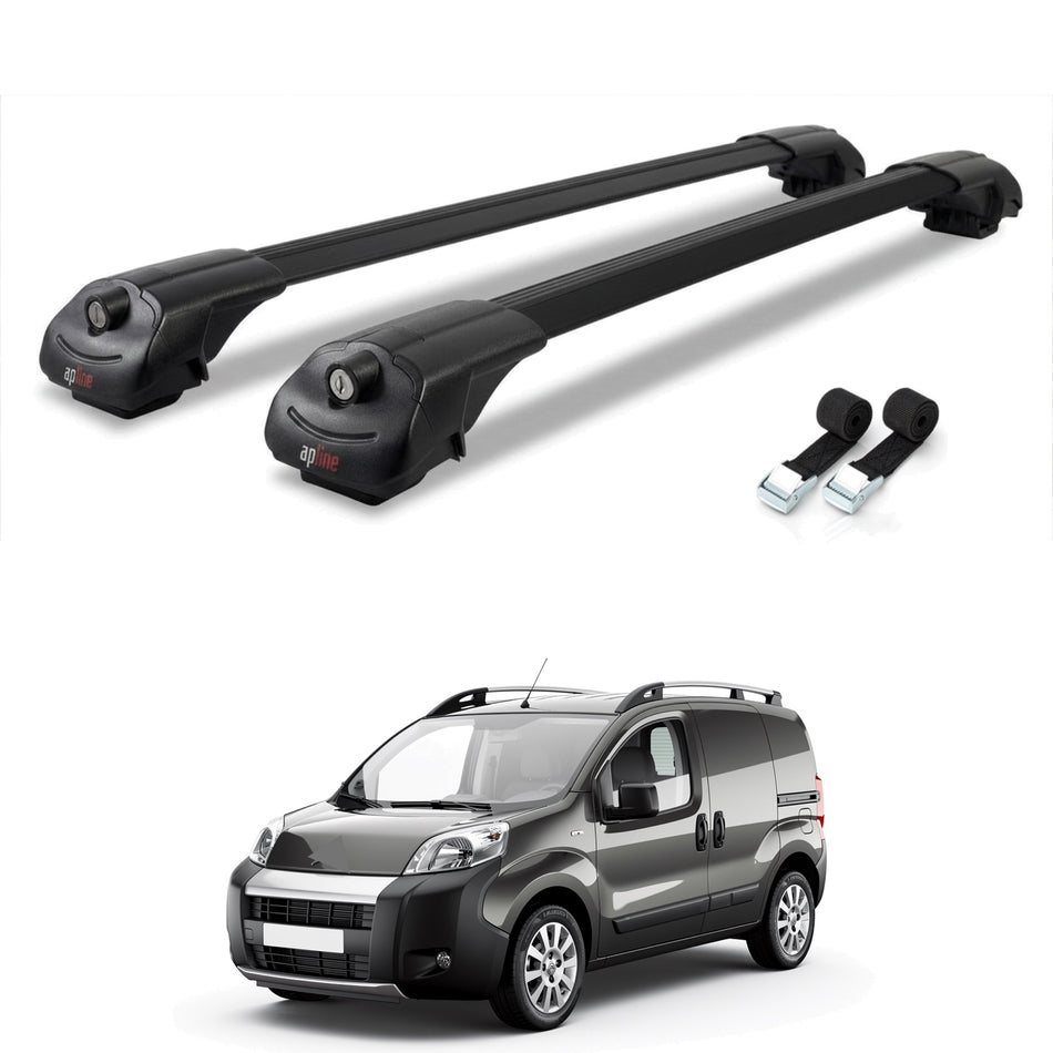 Roof Bars Compatible with Citroen Nemo 3 (225) 2008-2017, Black, 2 Bars with Straps