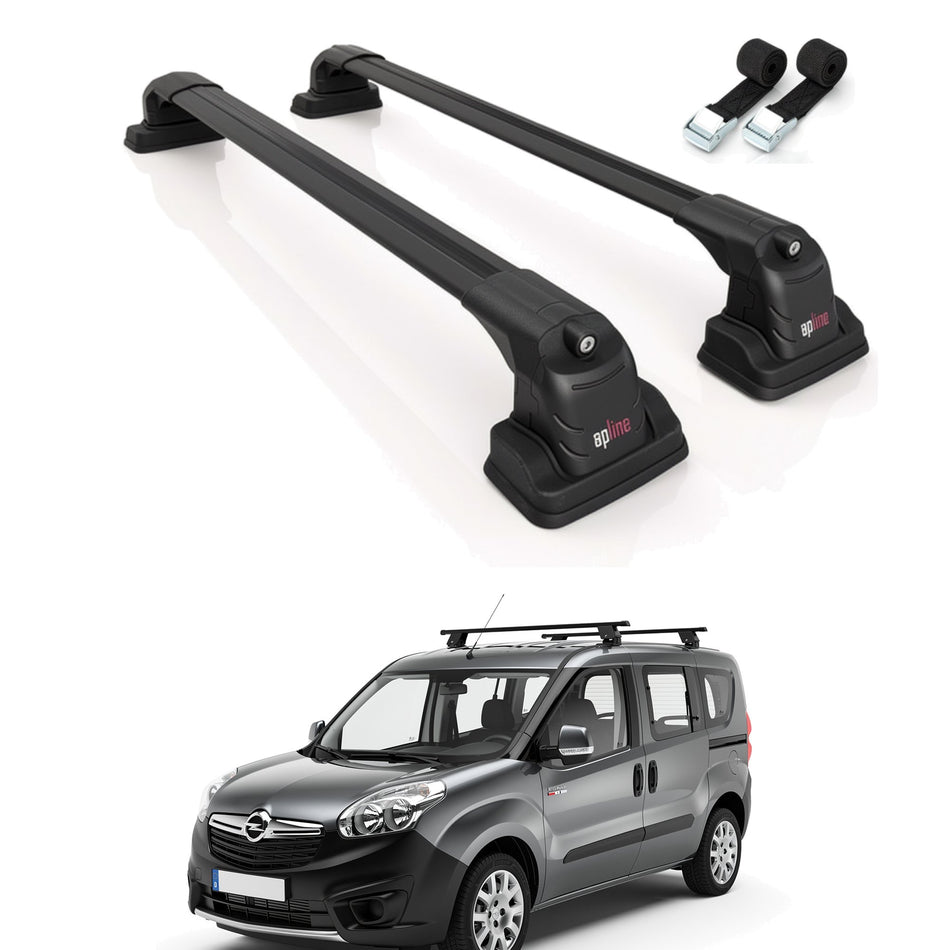 Roof Bars Compatible with Opel Combo D 2012-2018, Black, 2 Bars with Straps
