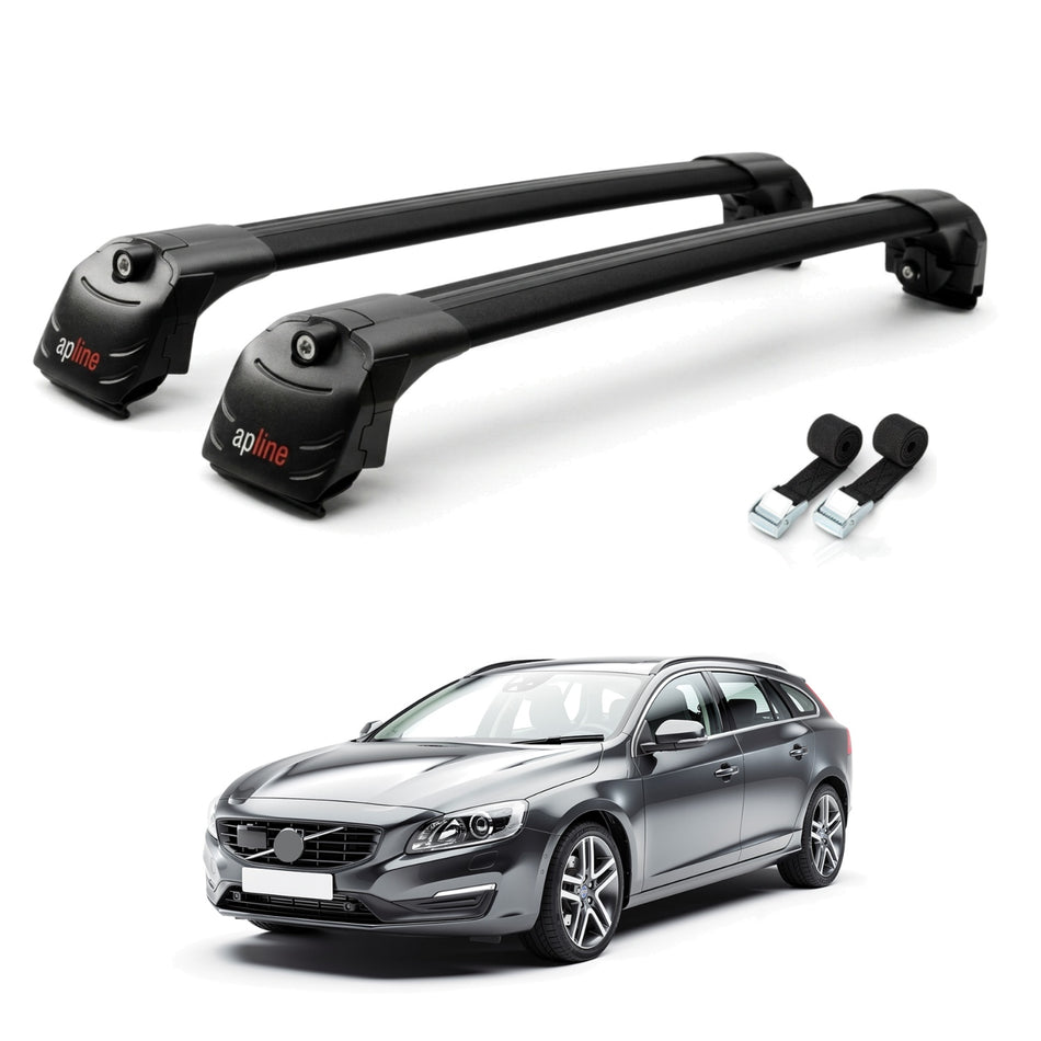 Roof Bars Compatible with Volvo V60 2011-2018, Black, 2 Bars with Straps