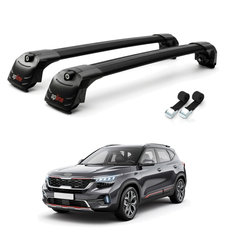 Roof Bars Compatible with Kia Seltos 2021-2024, Black, 2 Bars with Straps