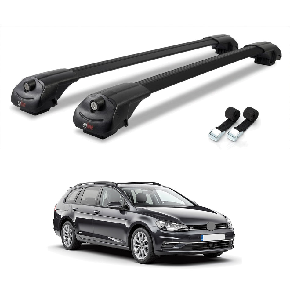 Roof Bars Compatible with Volkswagen Golf 7 (5G) Variant 2013-2019, Black, 2 Bars with Straps