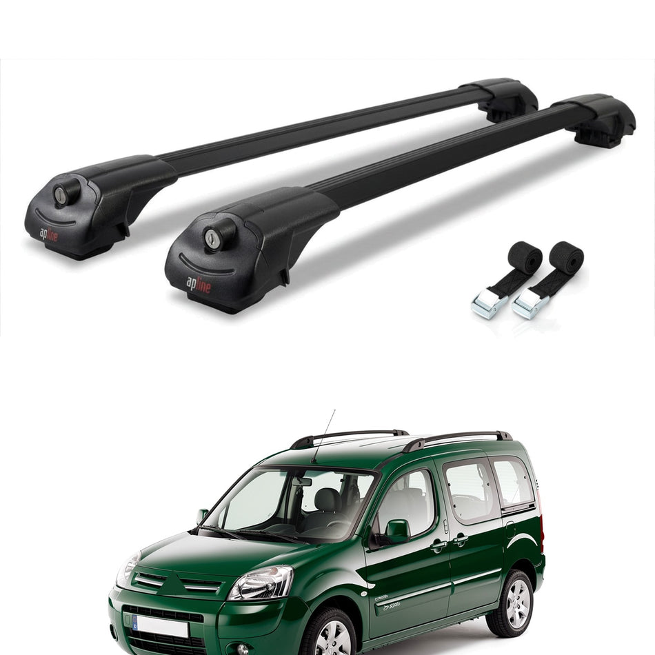 Roof Bars Compatible with Citroen Berlingo (M59) 2003-2008, Black, 2 Bars with Straps