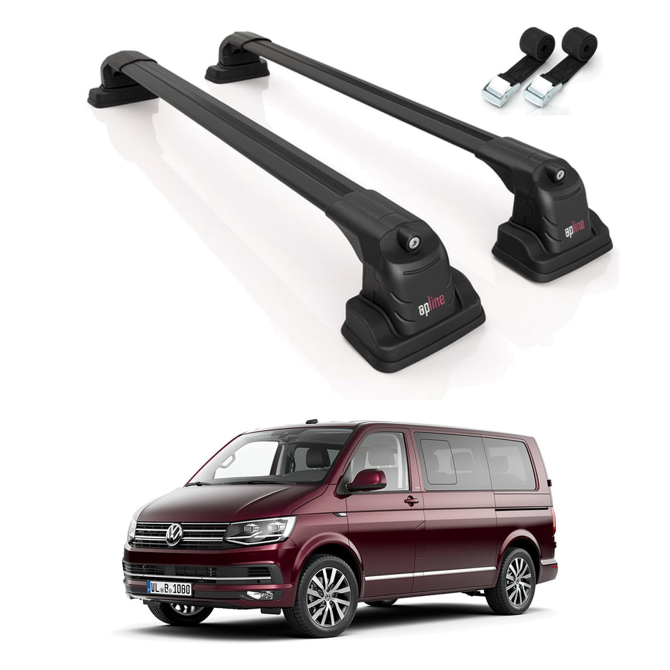 Roof Bars Compatible with Volkswagen Caravelle (T6) 2016-2022, Black, 2 Bars with Straps