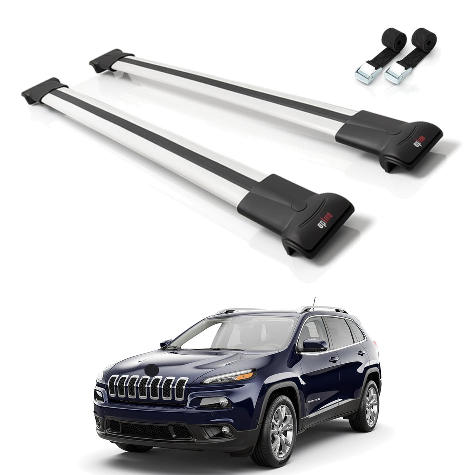 Roof Bars Compatible with Jeep Cherokee 5 (KL) 2014-2023, Grey, 2 Bars with Straps
