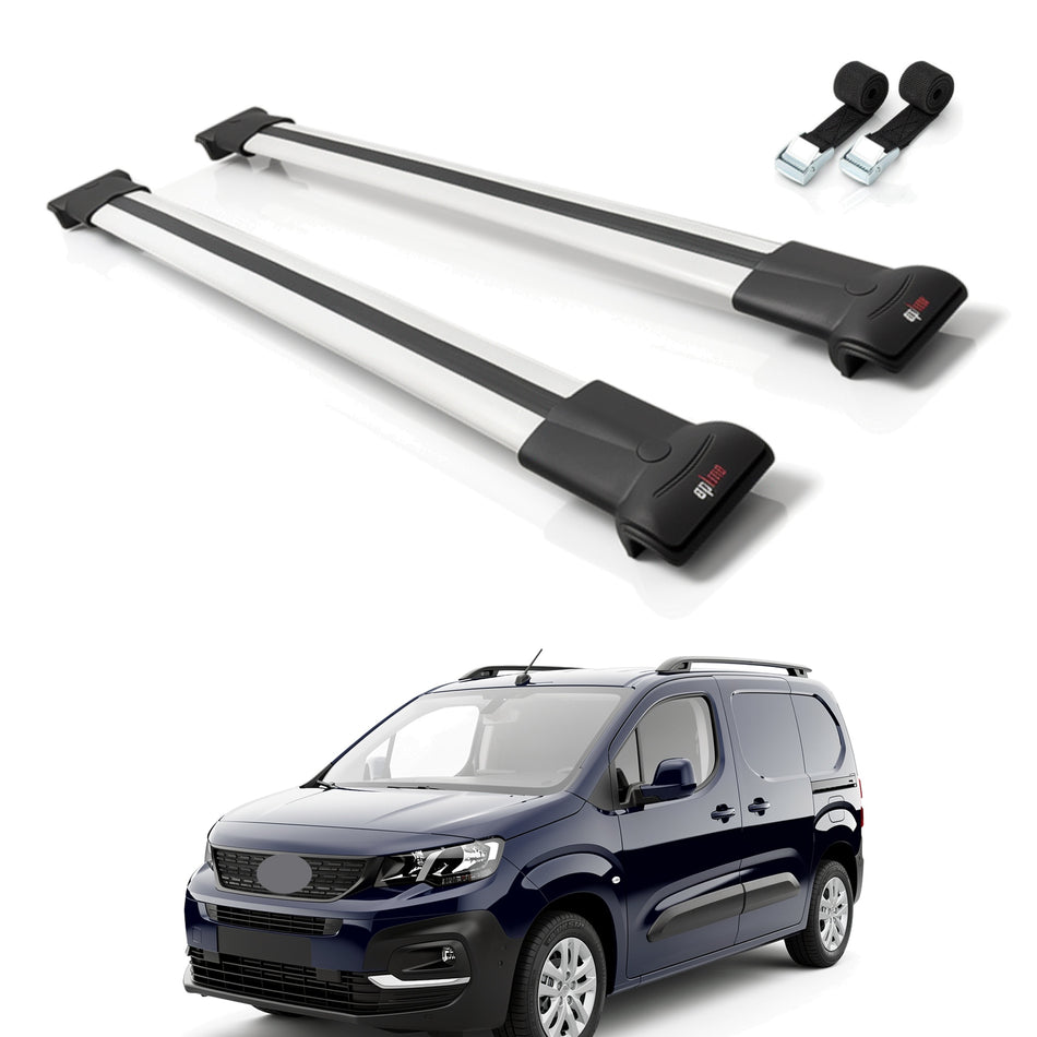 Roof Bars Compatible with Peugeot Partner 3 2019-2022, Grey, 2 Bars with Straps