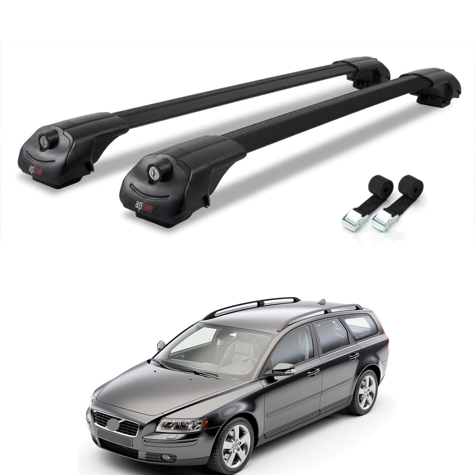 Roof Bars Compatible with Volvo V50 2004-2012, Black, 2 Bars with Straps