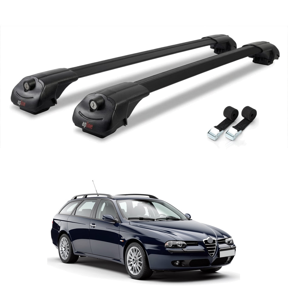 Roof Bars Compatible with Alfa Romeo 156 (T932) SW 2000-2006, Black, 2 Bars with Straps