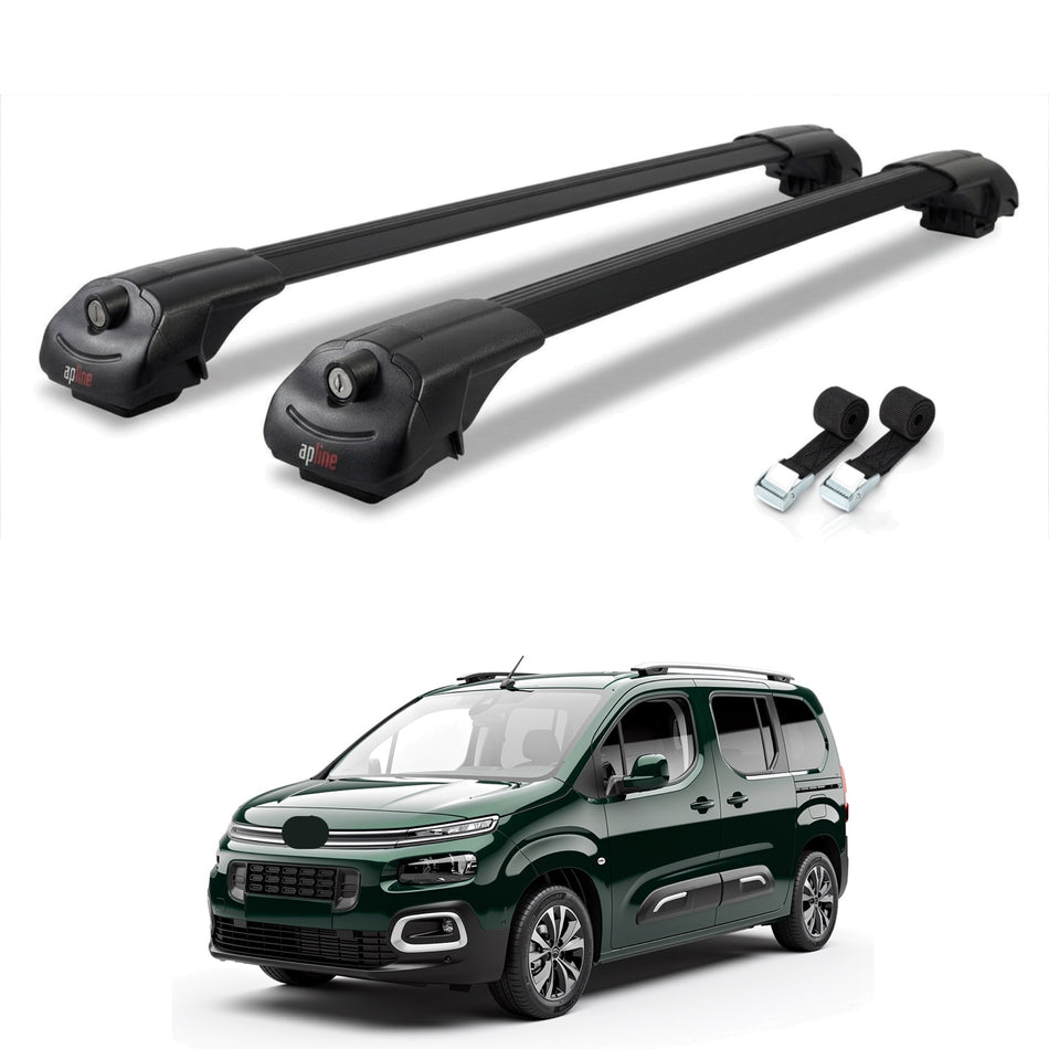 Roof Bars Compatible with Citroen Berlingo 3 (K9) 2019-2022, Black, 2 Bars with Straps