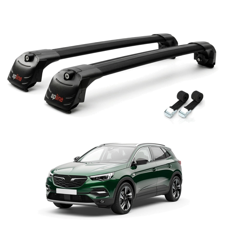 Roof Bars Compatible with Opel Grandland X 2018-2021, Black, 2 Bars with Straps